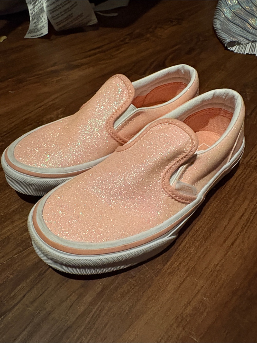 Vans Kids Slip-On Glitter Sneakers in Peach Pink